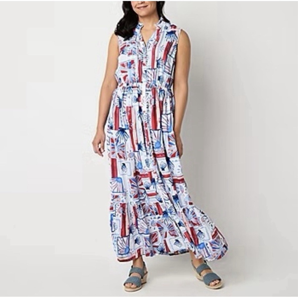 St John's Bay Women's XL‎ Sleeveless Dress Red White Blue Vacation Travel NEW - Picture 9 of 10